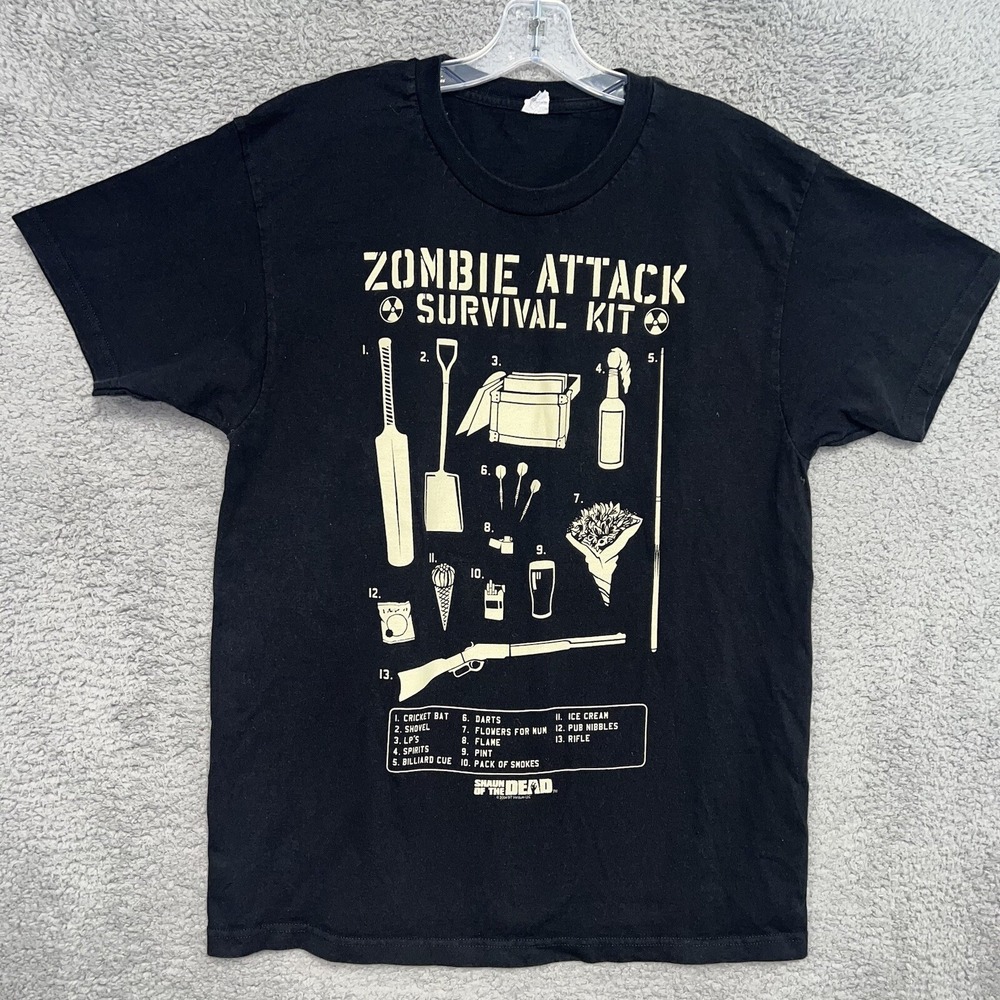 VTG Shaun Of The Dead T Shirt Men‎ Sz L Black Zombie Attack Survival 2000's Tee